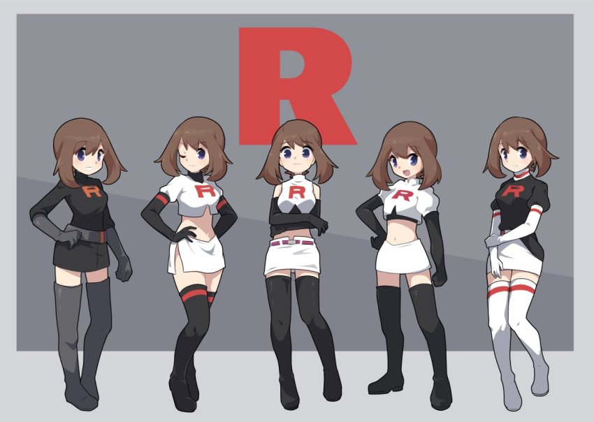 1girl belt belt_buckle black_footwear black_gloves black_jacket boots border brown_hair buckle closed_mouth commentary_request cosplay domino_(pokemon) domino_(pokemon)_(cosplay) elbow_gloves gloves hand_on_own_hip jacket jessie_(pokemon) jessie_(pokemon)_(cosplay) logo may_(pokemon) medium_hair multiple_views navel nintendo ooe_(lumina_secret) open_mouth pokemon pokemon_(anime) pokemon_(classic_anime) pokemon_frlg pokemon_gsc pokemon_rse_(anime) pokemon_the_movie:_the_power_of_us skirt smile standing team_rocket team_rocket_grunt team_rocket_grunt_(cosplay) team_rocket_uniform thigh_boots white_footwear white_gloves white_jacket white_skirt