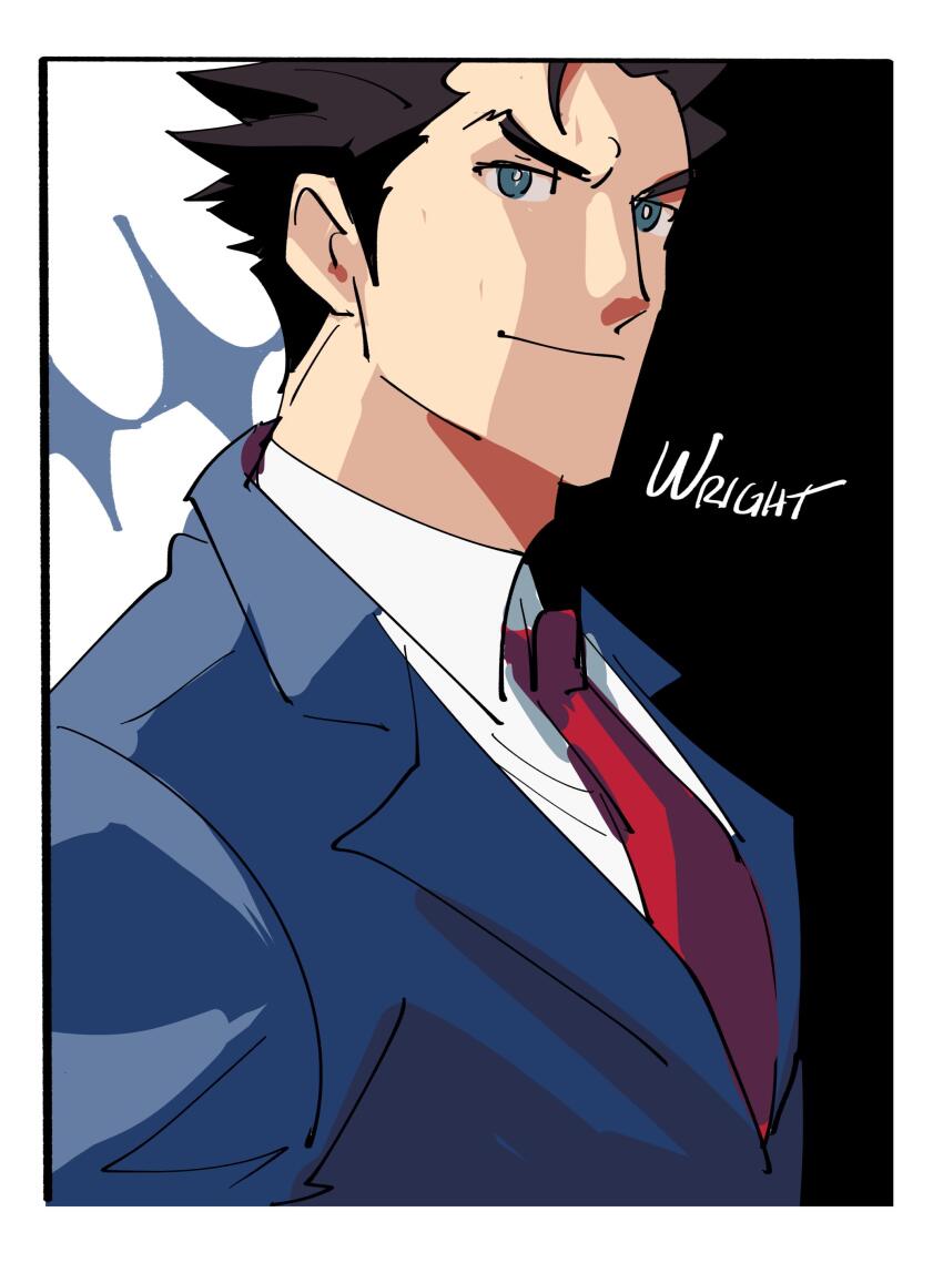 1boy absurdres ace_attorney black_hair blue_eyes blue_jacket border closed_mouth collared_shirt highres jacket kendy_(revolocities) looking_at_viewer male_focus necktie phoenix_wright red_necktie shirt short_hair solo upper_body v-shaped_eyebrows white_border