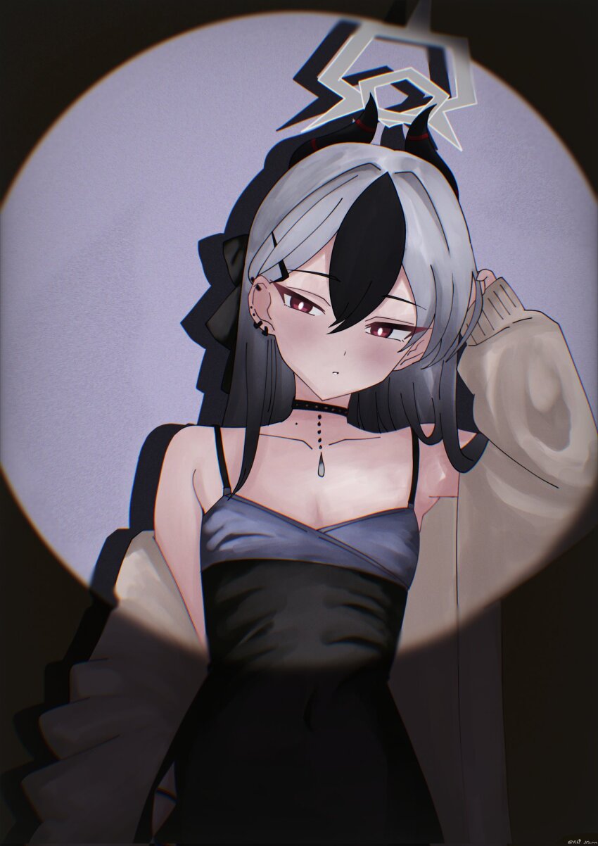 1girl arm_up armpit_crease black_choker black_dress black_hair blue_archive blush breasts brown_cardigan cardigan choker demon_girl demon_horns dress ear_piercing earrings grey_hair grey_halo hair_behind_ear hair_between_eyes hair_ribbon halo hashtag-only_commentary highres horns jewelry kayoko_(blue_archive) kayoko_(dress)_(blue_archive) long_hair multicolored_hair piercing red_eyes ribbon shi_draco solo spotlight streaked_hair two-tone_hair