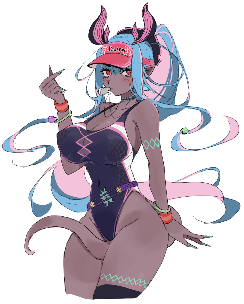 1girl absurdres between_legs black_one-piece_swimsuit blue_hair blue_nails blush breasts cleavage dark-skinned_female dark_skin fate/grand_order fate_(series) fingernails highres horns ibuki_douji_(fate) ibuki_douji_(swimsuit_berserker)_(fate) ibuki_douji_(swimsuit_berserker)_(first_ascension)_(fate) kaigan0211 large_breasts long_hair looking_at_viewer one-piece_swimsuit oni red_eyes sharp_fingernails sidelocks simple_background solo striped_sweatband swimsuit tail tail_between_legs visor_cap whistle whistle_around_neck white_background