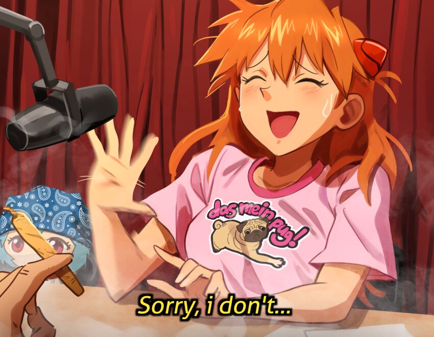1girl 1other animal_print ayanami_rei blue_hair blush collarbone commentary count_dankula curtains doll english_commentary english_text german_text hair_between_eyes highres interface_headset_(evangelion) joint_(drug) khyle. long_hair loose_hair_strand microphone microphone_stand neon_genesis_evangelion open_mouth orange_hair out_of_frame paper pink_shirt print_shirt pug red_eyes rei_chikita shirt short_sleeves sitting smile smoke solo_focus souryuu_asuka_langley sweatdrop t-shirt table the_joe_rogan_experience two_side_up upper_body waving