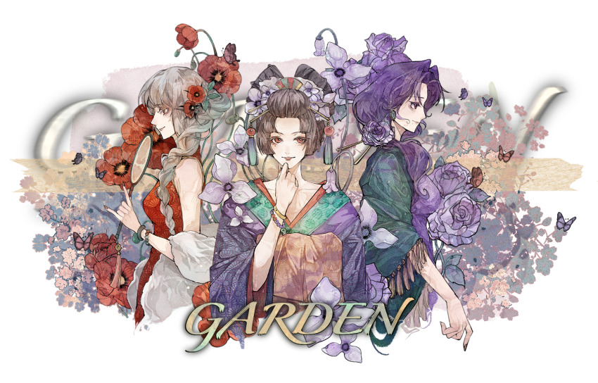 3girls \m/ adapted_costume alternate_costume bare_arms bare_shoulders bead_bracelet beads black_hair bracelet braid breasts bud bug butterfly carnation china_dress chinese_clothes chinese_commentary collarbone colored_eyelashes commentary_request coquelic_(path_to_nowhere) cropped_torso curtained_hair dress earrings feather_boa floral_background floral_print flower forehead garofano_(path_to_nowhere) gem green_gemstone green_shawl hair_flower hair_intakes hair_ornament hair_over_shoulder hair_stick hand_fan hand_on_own_chin highres holding holding_fan insect jade_bracelet japanese_clothes jewelry kimono leaf long_hair medium_breasts mole mole_under_eye mole_under_mouth multiple_girls nihongami pansy partial_commentary path_to_nowhere poppy_(flower) print_dress print_kimono profile purple_dress purple_eyes purple_flower purple_hair purple_kimono red_dress red_eyes red_flower simple_background siyuanzi sleeveless sleeveless_dress smile sumire_(path_to_nowhere) tassel tassel_hair_ornament white_background white_eyelashes white_hair