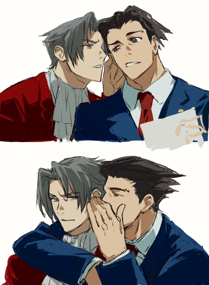 2boys ace_attorney arm_around_shoulder arm_up ascot blue_jacket brown_hair collared_shirt commentary covering_own_mouth cropped_torso curtained_hair grey_hair highres jacket layered_sleeves looking_at_another looking_to_the_side male_focus miles_edgeworth multiple_boys necktie paper parted_lips phoenix_wright red_jacket red_necktie shirt short_sideburns sideways_glance simple_background sotenborii suit_jacket teeth uneven_eyes unfinished whispering whispering_in_ear white_ascot white_background white_shirt wing_collar