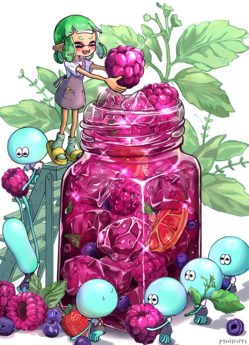 1girl :d ^_^ apron artist_name blueberry blush brown_apron closed_eyes commentary cup drink drinking_glass english_commentary fangs food fruit full_body green_hair green_socks grey_apron highres holding holding_food holding_fruit holding_leaf ice ice_cube inkling inkling_girl inkling_player_character jellyfish_(splatoon) ladder leaf medium_hair moromi_(kscd4482) nintendo object_in_pocket open_mouth oversized_object pen_in_pocket pocket pointy_ears raspberry sandals shirt short_eyebrows short_sleeves smile socks splatoon_(series) splatoon_3 strawberry suction_cups sweat tentacle_hair white_background white_shirt wooden_ladder yellow_sandals