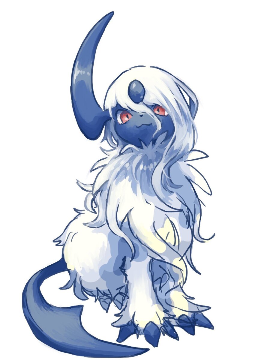 7_phi_3 :3 absol animal_focus animal_nose body_fur claws closed_mouth fluffy full_body gen_3_pokemon highres horns looking_at_viewer neck_fur nintendo no_humans pokemon pokemon_(creature) pokemon_focus red_eyes single_horn sitting tail white_fur white_hair