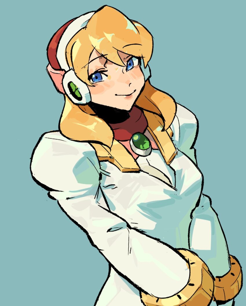 1girl alia_(mega_man) blonde_hair blue_eyes breasts cleavage commentary dress english_commentary headgear highres large_breasts medium_hair mega_man_(series) mega_man_x6 mega_man_x8 mega_man_x_(series) nycnouu see-through_clothes see-through_cleavage smile solo upper_body white_dress