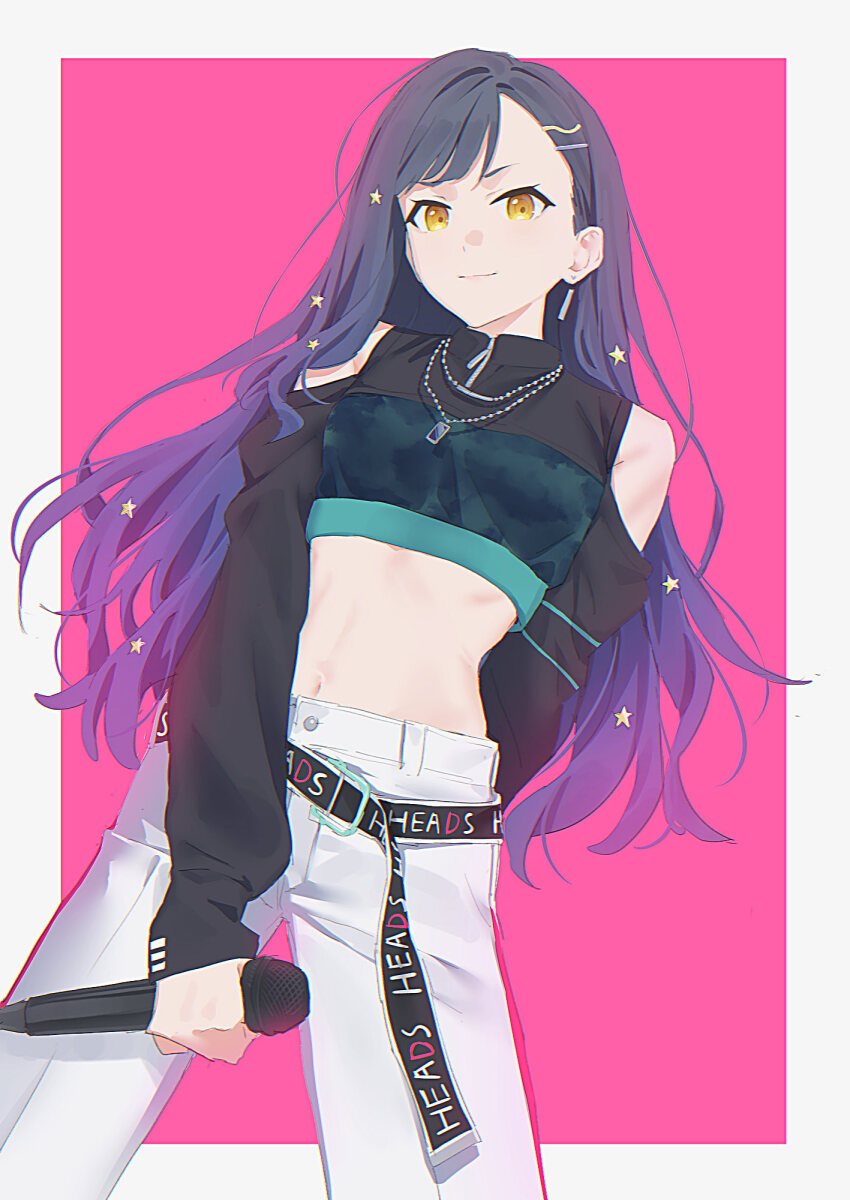 belt black_shirt border clothing_cutout commentary crop_top hair_ornament hairclip highres holding holding_microphone jewelry light_smile long_hair looking_at_viewer microphone midriff mikazuchi_zeus navel necklace pants pink_background project_sekai purple_hair shiraishi_an shirt shoulder_cutout star_(symbol) star_hair_ornament white_border white_pants yellow_eyes zipper