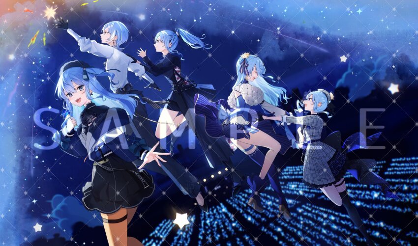 5girls ankle_boots asymmetrical_gloves asymmetrical_legwear asymmetrical_skirt aya02ka back_bow baggy_shorts beret blue_eyes blue_hair bob_cut body_jewelry boots bow buttons collared_dress collared_shirt colored_inner_hair commentary_request commission crowd crown double-breasted dress ear_piercing earrings fingerless_gloves floating from_side gloves hair_bow half_gloves hat high-waist_pants high_ponytail highres holding holding_microphone hololive hoshimachi_suisei hoshimachi_suisei_(1st_costume) hoshimachi_suisei_(casual) hoshimachi_suisei_(shout_in_crisis) hoshimachi_suisei_(spectra_of_nova) hoshimachi_suisei_(stellar_into_the_galaxy) idol_clothes jacket jewelry juliet_sleeves long_hair long_sleeves looking_at_another looking_at_viewer looking_up microphone milestone_celebration mini_crown multicolored_hair multiple_girls multiple_persona official_alternate_costume official_alternate_hair_length official_alternate_hairstyle one_side_up open_clothes open_jacket pants pantyhose piercing plaid_clothes plaid_dress plaid_hat ponytail puffy_sleeves running shirt shirt_tucked_in shoes short_hair shorts sky sleeve_cuffs sleeve_rolled_up smile star_(sky) star_(symbol) starry_sky thigh_strap thighhighs uneven_legwear virtual_youtuber waist_bow watermark
