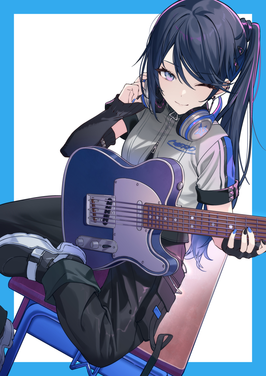 1girl absurdres arm_warmers black_arm_warmers black_gloves black_hair black_nails black_pants black_shoes blue_border blue_nails border cargo_pants clothes_writing commentary cropped_jacket desk find_the_dream_view_(project_sekai) foot_out_of_frame full_body gloves guitar hand_on_headphones headphones headphones_around_neck highres holding holding_guitar holding_instrument hoshino_ichika_(project_sekai) instrument jacket long_hair looking_at_viewer multicolored_nails official_alternate_costume official_alternate_hairstyle on_desk one_eye_closed pants pocket project_sekai shoes short_sleeves side_ponytail sidelocks single_arm_warmer single_glove sitting smile solo swept_bangs timmoo white_background