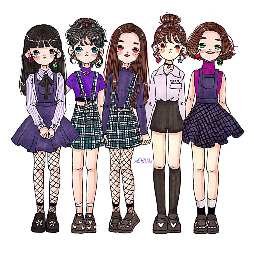 5girls artist_name black_footwear black_ribbon black_shorts black_socks blue_dress blue_eyes blue_overalls blue_shirt blunt_bangs brown_footwear brown_hair buttoned_cuffs buttons choker collared_shirt commentary dress earrings fishnet_pantyhose fishnets full_body green_eyes group_picture hair_bun hashtag-only_commentary heart heart_earrings highres irene_(red_velvet) jewelry joy_(red_velvet) k-pop kneehighs long_hair looking_at_viewer mismatched_earrings multiple_girls neck_ribbon open_mouth overalls pantyhose parted_lips pinafore_dress plaid_clothes plaid_skirt ponytail purple_dress purple_eyes purple_shirt real_life red_eyes red_velvet_(group) ribbon seulgi_(red_velvet) shirt shirt_tucked_in shoes short_hair short_sleeves shorts simple_background skirt sleeveless sleeveless_dress sleeveless_turtleneck smile socks star_(symbol) star_earrings suspender_skirt suspenders turtleneck two-tone_socks wendy_(red_velvet) white_background white_shirt white_socks wshanshanz yeri_(red_velvet)