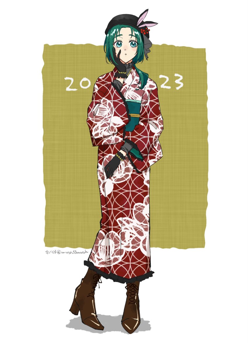 1girl 2023 akimoto_komachi beret black_gloves black_hat boots brown_boots front_ponytail full_body gloves green_eyes green_hair hand_on_own_cheek hand_on_own_face hat highres japanese_clothes kimono lace-up_boots mush33mush open_mouth parted_bangs precure red_kimono solo standing yes!_precure_5