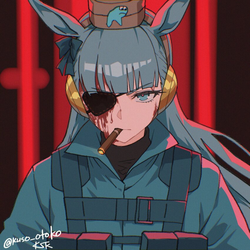 1girl animal_ears artist_name blood blood_on_face blue_eyes blue_hair blue_jacket cigar commentary cosplay cyan_(horse_race_tests) english_commentary eyepatch gold_ship_(umamusume) highres horse_ears horse_girl horse_race_tests jacket kuso_otoko looking_at_viewer metal_gear_(series) metal_gear_solid_v:_the_phantom_pain parody solo upper_body venom_snake venom_snake_(cosplay)