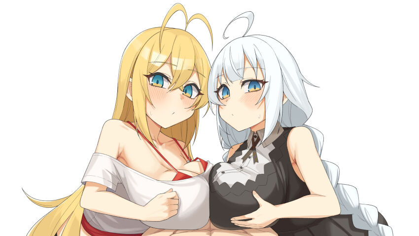 1boy 2girls ahoge antenna_hair blonde_hair blue_eyes blush braid breasts cooperative_paizuri gukr4322 highres kizuna_akari large_breasts multiple_girls paizuri paizuri_over_clothes sleeveless sweatdrop teamwork_(sexual) tsurumaki_maki twin_braids voiceroid white_background white_hair