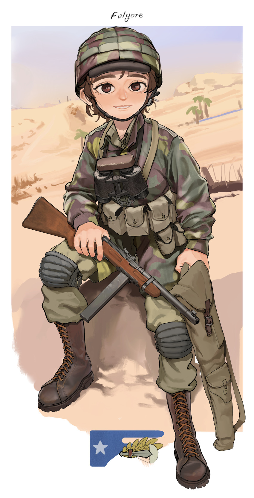 1girl absurdres ammunition_pouch barbed_wire beretta_model_38 binoculars blue_sky boots brown_boots brown_eyes brown_hair camouflage camouflage_headwear camouflage_jacket combat_boots combat_helmet day desert full_body gun helmet highres holding holding_gun holding_weapon italian_army italian_commentary italian_text italy jacket knee_pads korean_commentary lace-up_boots load_bearing_equipment long_sleeves looking_at_viewer magazine_(weapon) military military_combat_uniform military_fatigues military_uniform mixed-language_commentary original outdoors palm_tree pants paratrooper pouch rifleman1130 sand sand_dune short_hair sitting sky smile soldier solo submachine_gun teeth tree weapon world_war_ii