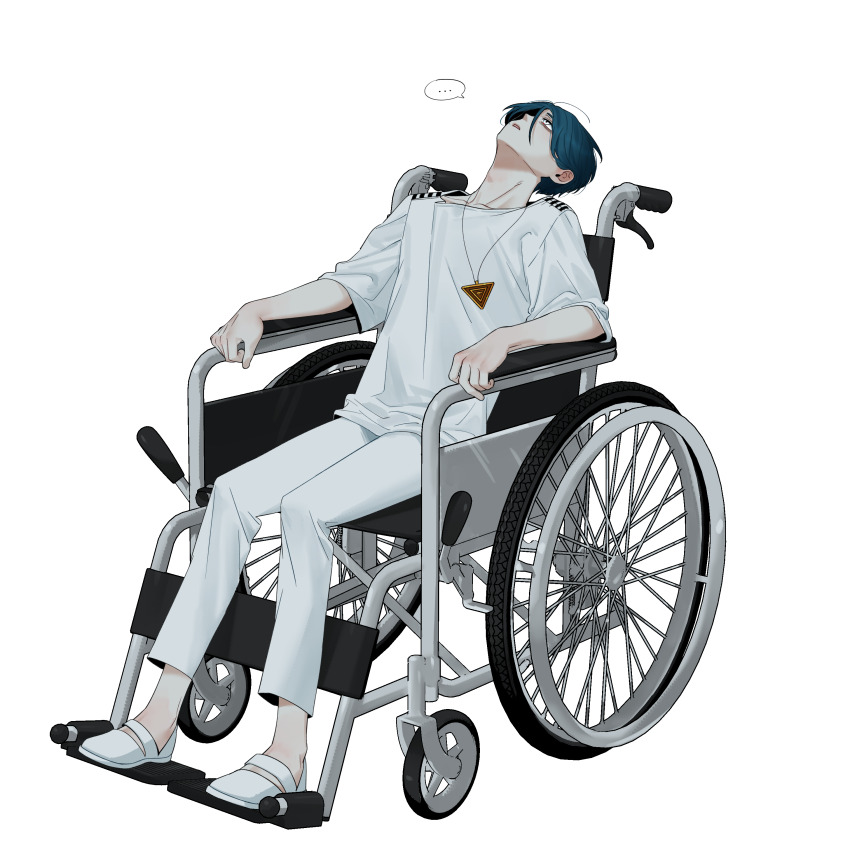 ... 1boy absurdres commentary_request full_body hair_between_eyes head_tilt highres looking_up maelo male_focus meguriya_ayumu open_mouth pants shirt shoes short_hair short_sleeves simple_background sitting solo spoken_ellipsis toshi_densetsu_kaitai_center triangle_necklace wheelchair white_background white_pants white_shirt white_shoes