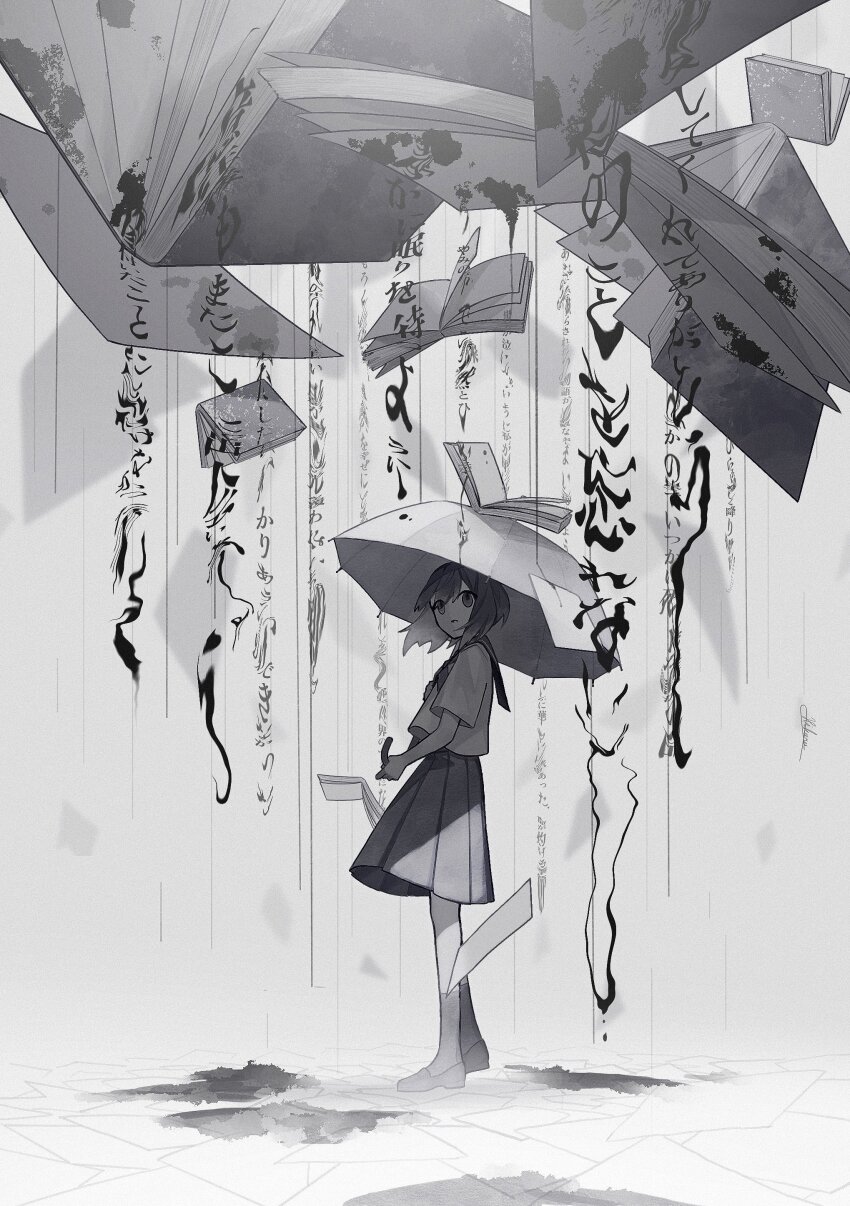 1girl absurdres bizarre_rain bob_cut book commentary_request fantasia_sora film_grain greyscale highres holding holding_umbrella ink_stain inverted_bob loafers looking_to_the_side medium_hair monochrome neckerchief original parted_lips pleated_skirt sailor_collar school_uniform serafuku shirt shoes short_sleeves skirt socks solo standing surreal translation_request umbrella