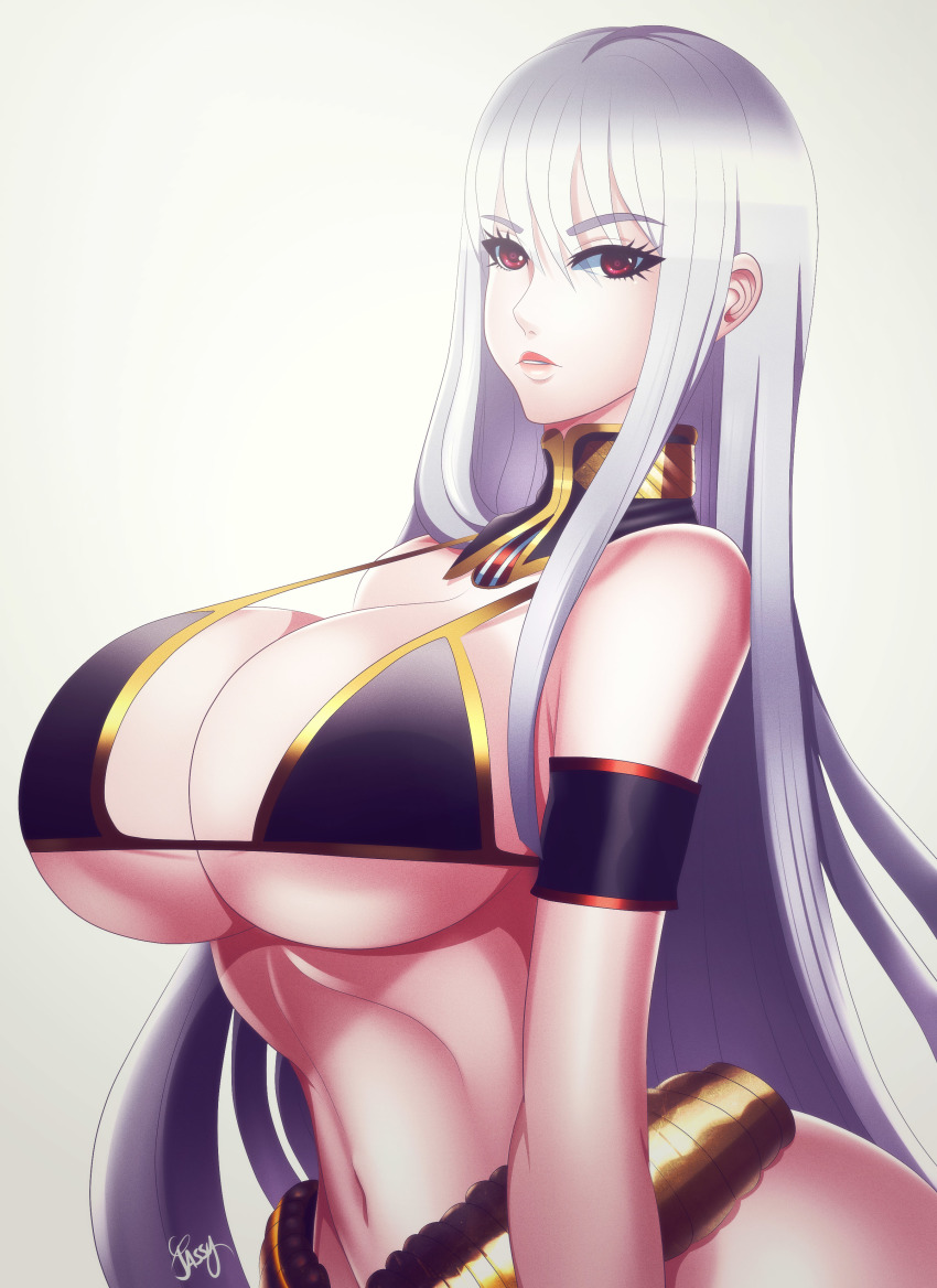 1girl absurdres bikini breasts cleavage female_focus highres huge_breasts jassycoco lips long_hair red_eyes selvaria_bles senjou_no_valkyria_(series) solo swimsuit underboob white_hair