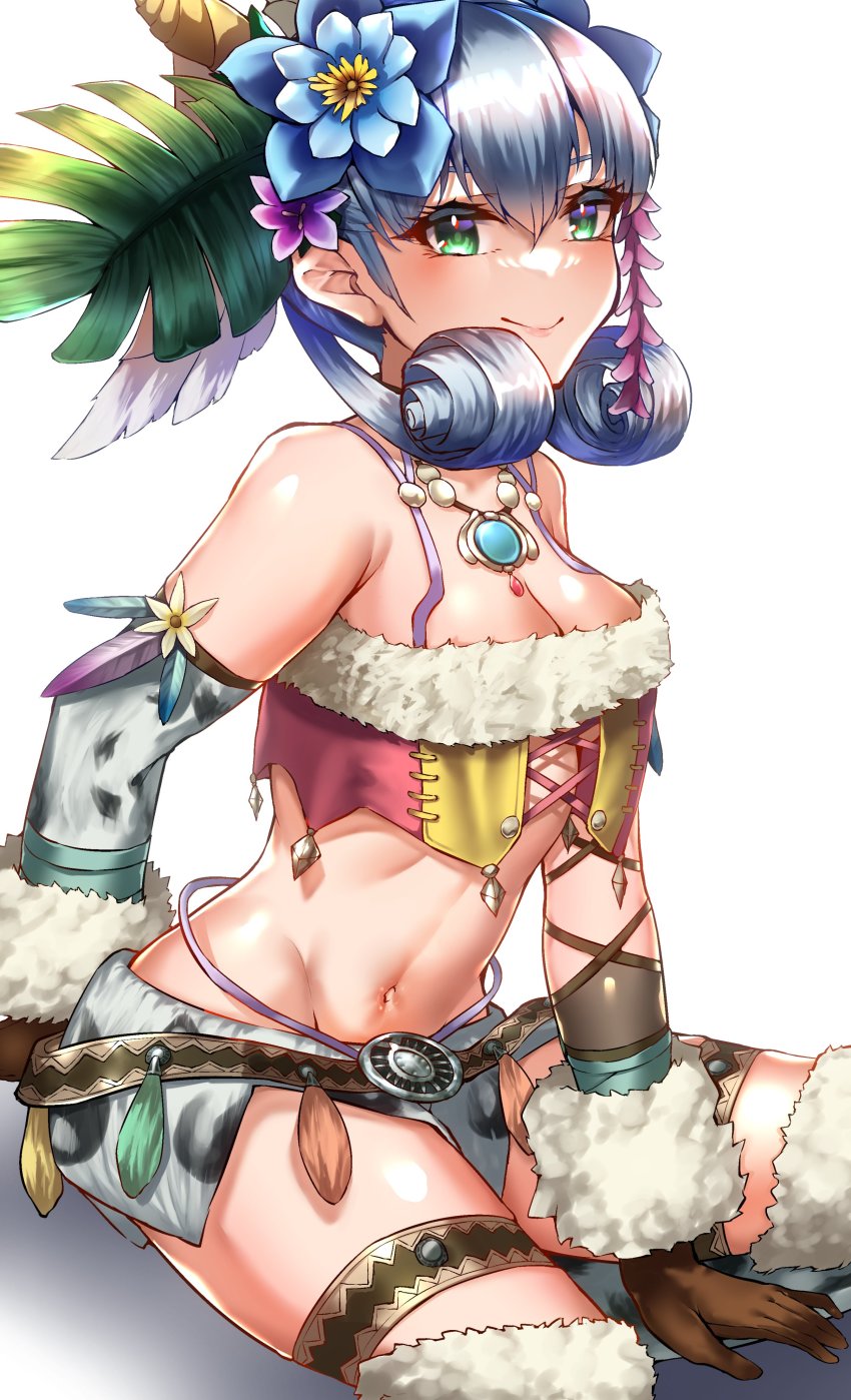 1girl absurdres blue_eyes braid breasts crown_braid curly_hair feathers gloves head_wings highres long_hair looking_at_viewer medium_breasts melia_antiqua navel puffy_sleeves revealing_clothes siebolds_demon simple_background smile solo thighhighs tribal wings xenoblade_chronicles_(series) xenoblade_chronicles_1