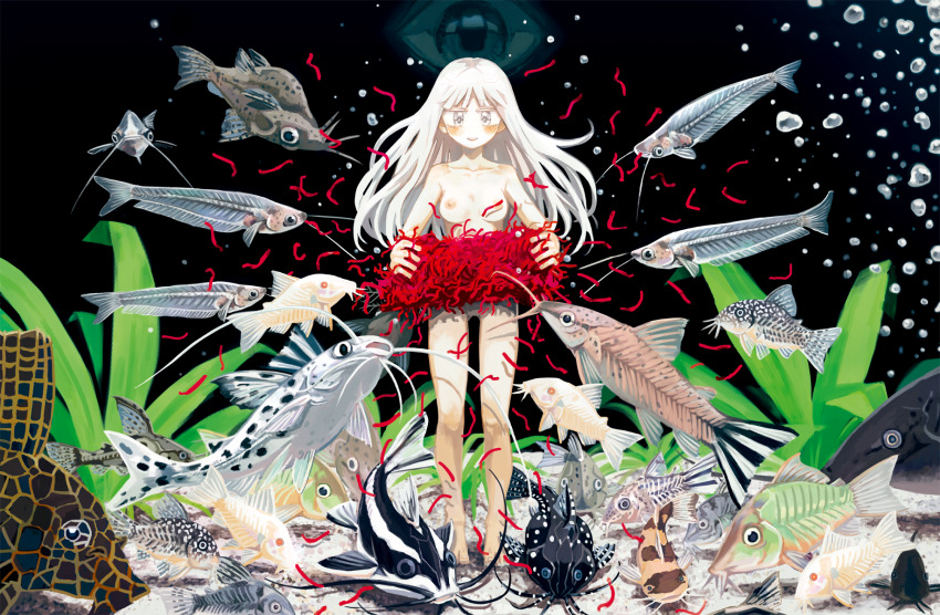 1girl air_bubble aremoyou barefoot blush breasts bubble catfish commentary commentary_request completely_nude dark_background english_commentary eyes_in_shadow fish floating_hair full_body highres jitome long_hair looking_at_viewer medium_breasts mixed-language_commentary nipples nude open_mouth original plant sand smile solo standing straight-on too_many too_many_fish tropical_fish underwater white_eyes white_hair worm