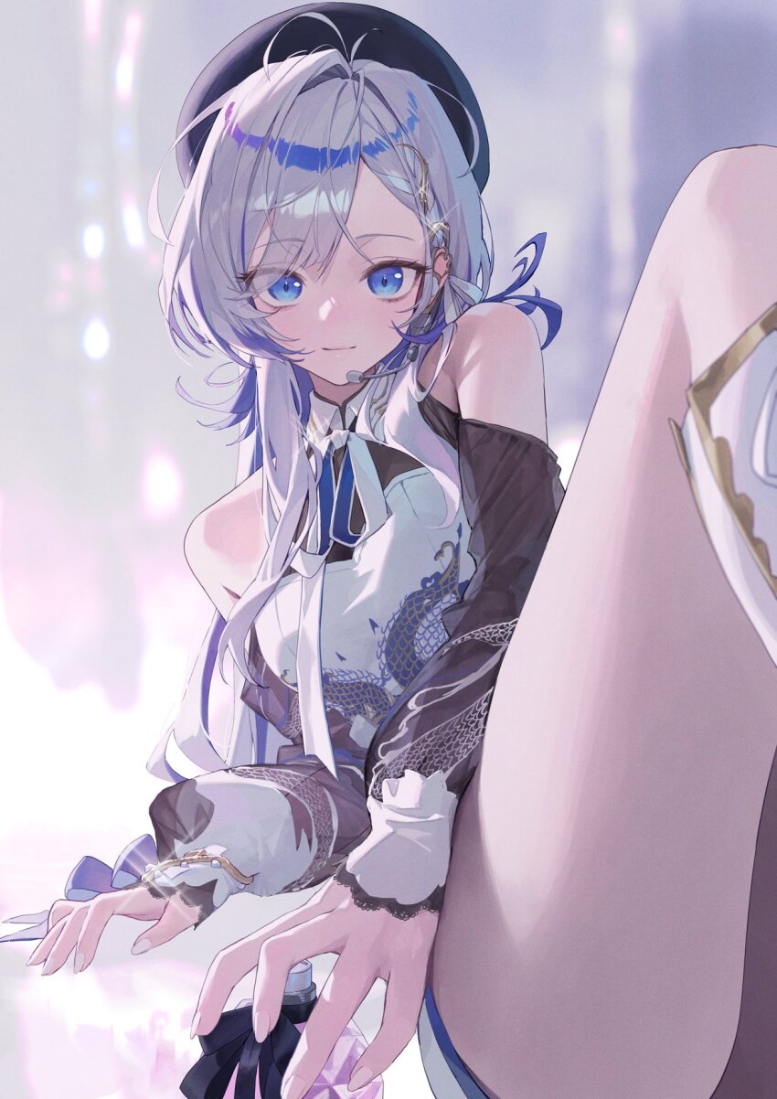 1girl black_hat blue_eyes clothing_cutout commentary_request dragon_print grey_hair hat hebi_(vtuber) highres indie_virtual_youtuber korean_commentary lace-trimmed_sleeves lace_trim long_sleeves shoulder_cutout solo thighs virtual_youtuber xi_xeong