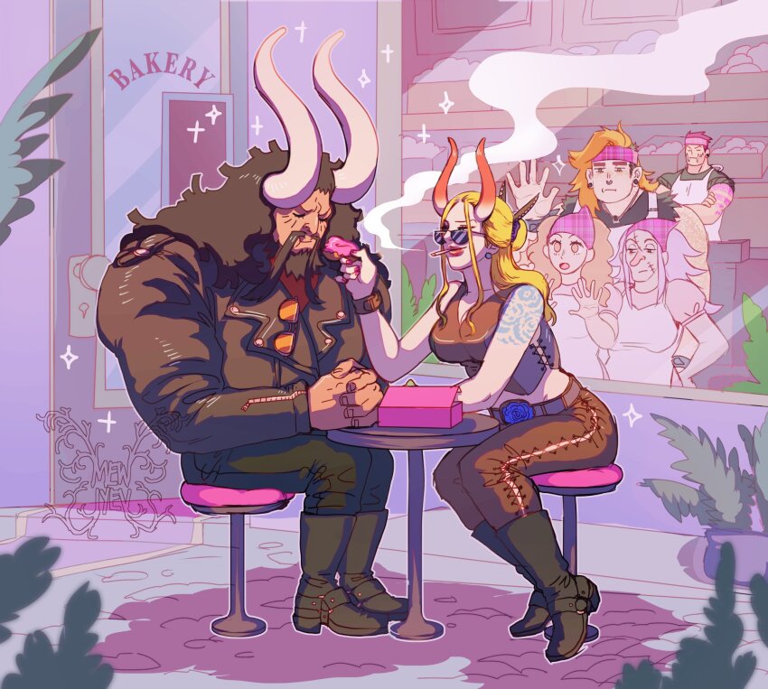 3boys 3girls against_glass alternate_costume alternate_universe apron arm_tattoo artist_logo bakery bare_arms bare_shoulders beard black_hair black_maria_(one_piece) blonde_hair boots charlotte_brulee charlotte_katakuri charlotte_pudding cigarette closed_eyes closed_mouth commentary crossed_arms curled_horns earrings eating english_commentary facial_hair facing_another fangs fangs_out feeding food hand_on_glass headband headscarf height_difference highres holding holding_food horns jacket jewelry kaidou_(one_piece) leaning_forward lipstick logo long_hair long_horns looking_at_another makeup maren_(mewtides) mewiyev mouth_hold multicolored_hair multiple_boys multiple_girls mustache nose_piercing on_stool one_piece original own_hands_together pants piercing pink_hair shirt shop shoulder_tattoo sitting smile smoke smoking stool sunglasses table tattoo two-tone_hair unworn_eyewear vest window