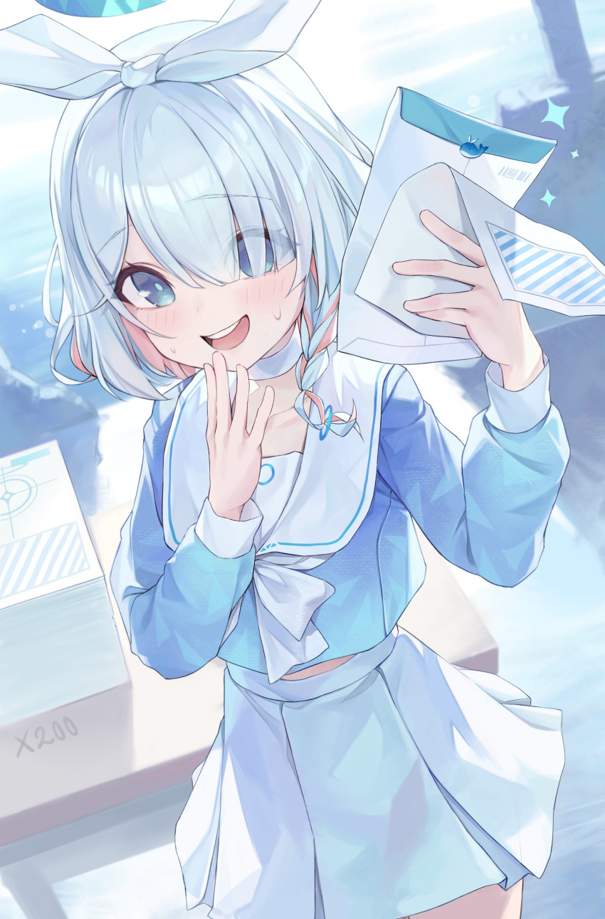 1girl absurdres arona_(blue_archive) blue_archive blue_eyes blue_hair blue_halo blue_pupils blue_shirt blurry blurry_background blush bow braid choker colored_inner_hair commentary_request cowboy_shot day desk dutch_angle envelope hair_bow hair_over_one_eye hairband halo highres holding holding_envelope holding_paper korean_commentary long_sleeves looking_at_viewer manila_envelope midriff_peek multicolored_hair neckerchief open_mouth paper pink_hair pleated_skirt puffy_long_sleeves puffy_sleeves revision sailor_collar school_desk school_uniform see-through_silhouette shirt short_hair side_braid single_braid skirt smile solo standing sweat teeth tongue two-tone_hair um_111 upper_teeth_only white_bow white_choker white_neckerchief white_sailor_collar white_skirt