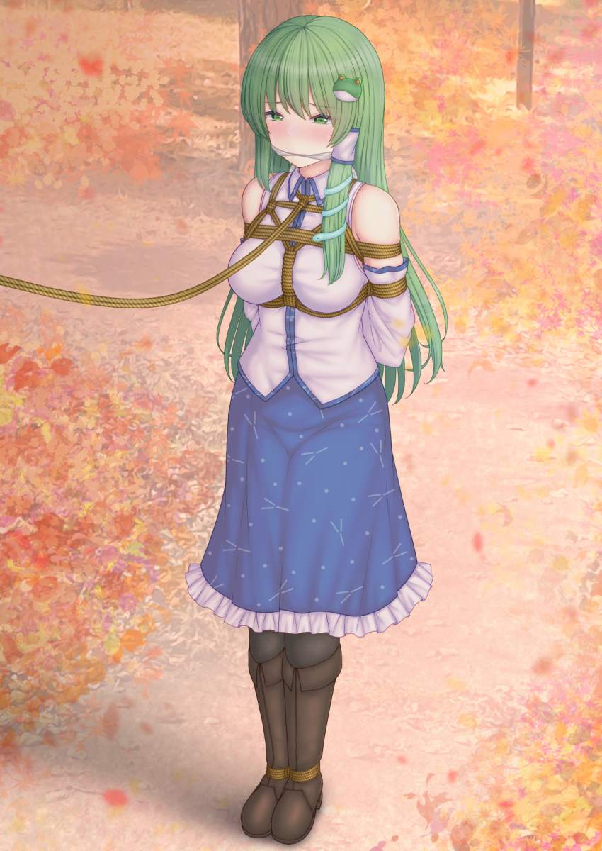 1girl bdsm black_pantyhose blush bondage boots bound bound_arms breasts brown_boots cloth_gag commentary_request commission crying crying_with_eyes_open detached_sleeves frog_hair_ornament furaifish gag gagged green_eyes green_hair hair_ornament hair_tubes highres improvised_gag kochiya_sanae large_breasts long_hair outdoors pantyhose shibari shibari_over_clothes single_hair_tube skeb_commission snake_hair_ornament solo tears textless_version touhou very_long_hair