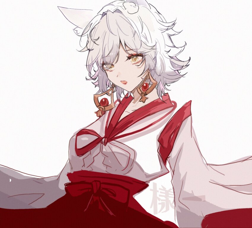 1girl animal_ears commentary_request curly_hair earrings eyeliner fox_ears fox_girl genshin_impact hair_between_eyes highres japanese_clothes jewelry kitsune_saiguu long_sleeves looking_to_the_side makeup miko open_mouth red_eyeliner red_lips short_hair simple_background solo standing upper_body white_background white_hair wide_sleeves yang_yi yellow_eyes