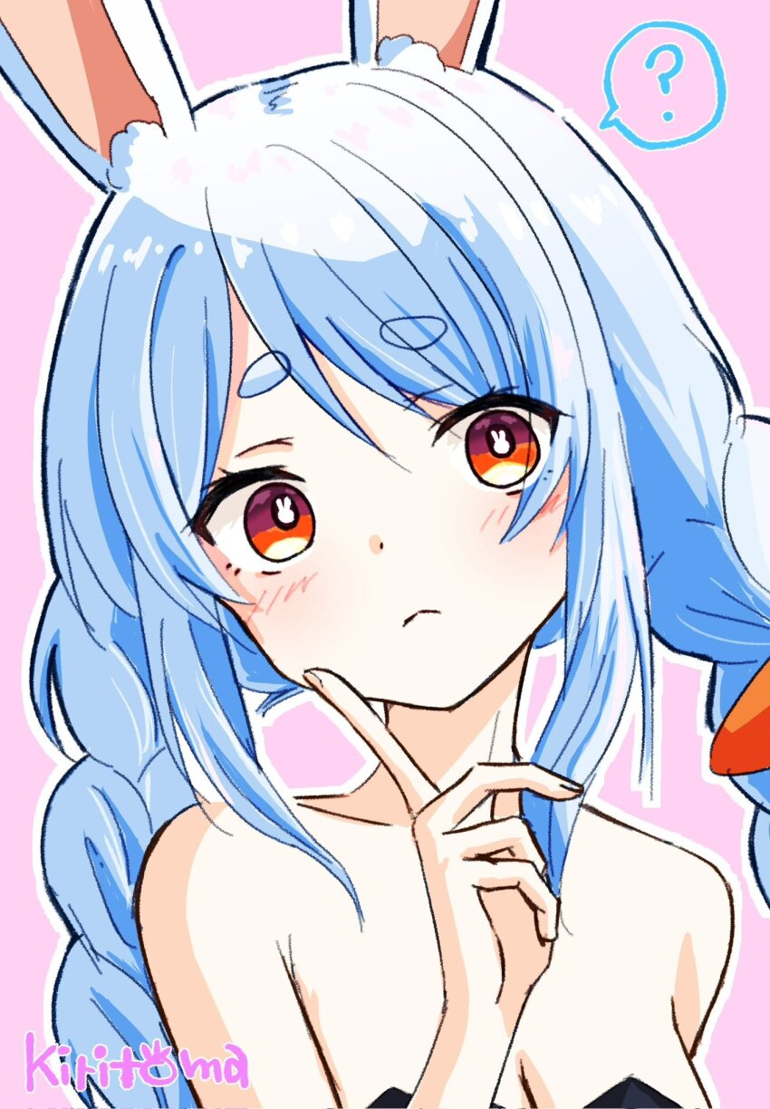 1girl ? animal_ear_fluff animal_ears bare_shoulders black_leotard blue_hair blush braid breasts carrot_hair_ornament cleavage closed_mouth collarbone commentary_request food-themed_hair_ornament hair_ornament hand_up head_tilt highres hololive index_finger_raised kiritoma leotard low_twintails outline pink_background rabbit-shaped_pupils rabbit_ears red_eyes signature simple_background small_breasts solo spoken_question_mark strapless strapless_leotard symbol-shaped_pupils twin_braids twintails upper_body usada_pekora usada_pekora_(1st_costume) virtual_youtuber white_outline