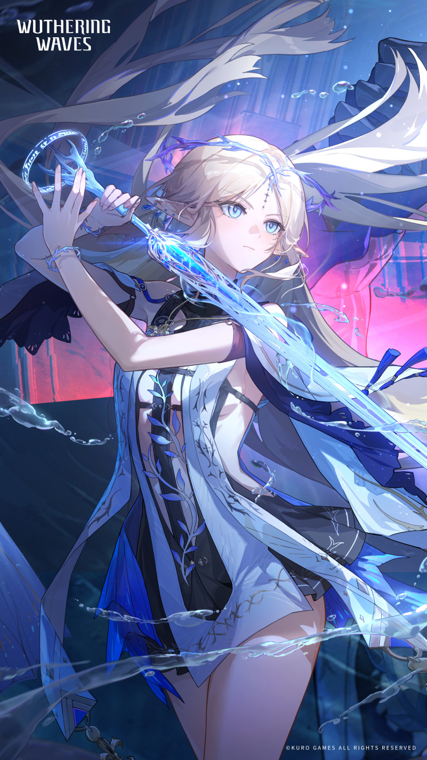 1girl absurdres bare_shoulders black_collar black_dress blonde_hair blue_eyes breasts cartethyia_(wuthering_waves) character_name chinese_text closed_mouth collar commentary crown_of_thorns dress earrings english_commentary highres holding holding_sword holding_weapon jewelry logo long_hair looking_ahead medium_breasts multicolored_hair official_art pointy_ears solo sword tabard tacet_mark_(wuthering_waves) very_long_hair water weapon white_tabard wuthering_waves