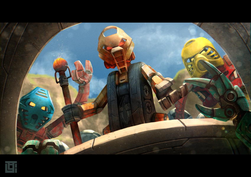3boys absurdres bionicle commentary english_commentary fewer_digits highres holding holding_staff humanoid_robot jaller_(bionicle) kanohi_(bionicle) kozsen_810290 letter looking_at_viewer mask multiple_boys pov red_eyes robot sky staff takua_(bionicle) the_lego_group vakama_(bionicle) waving yellow_eyes