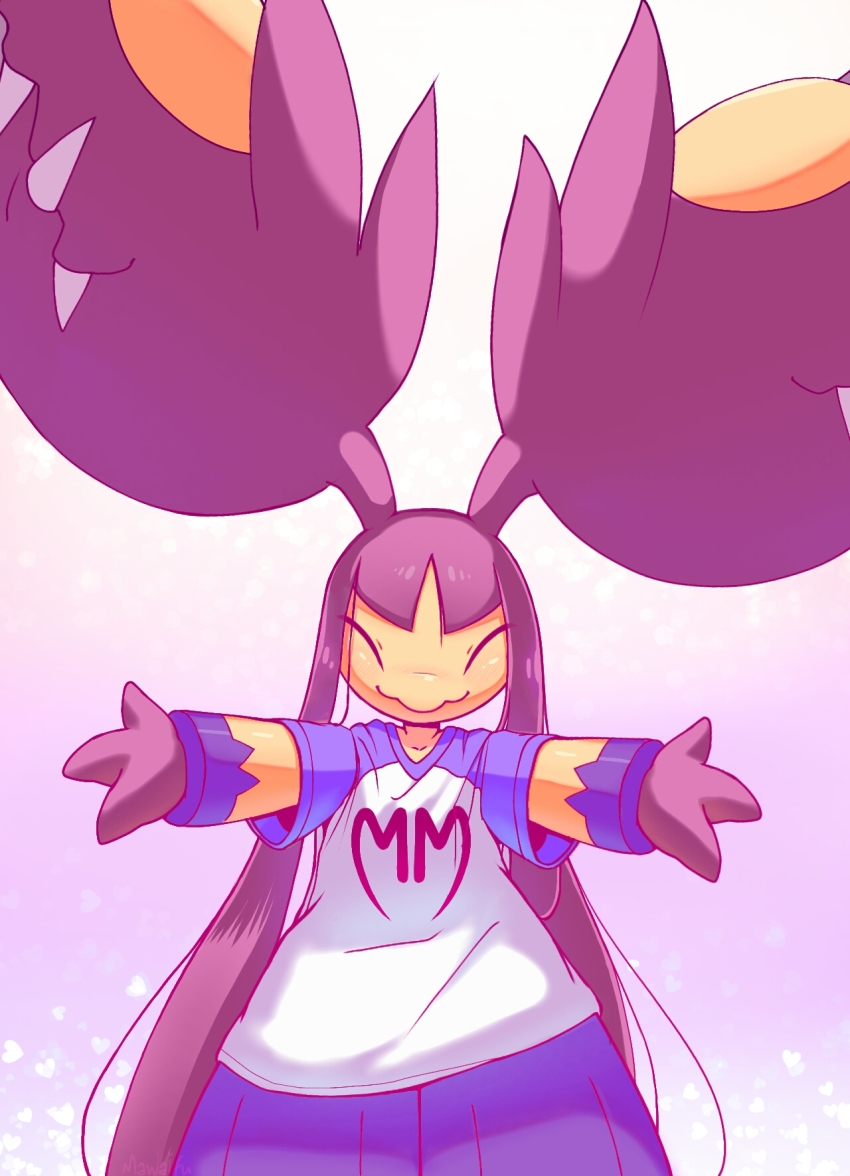 1girl ^_^ alternate_color arms_up big_hair blue_skin blue_sleeves blush bottomless character_name closed_eyes closed_mouth clothed_pokemon clothes_writing colored_skin extra_mouth facing_viewer female_focus flat_chest gen_3_pokemon gradient_background happy heart heart_background incoming_hug long_hair mawaifu mawile mega_mawile mega_pokemon multicolored_skin nintendo nose_blush outstretched_arms pokemon pokemon_(creature) purple_hair purple_skin raglan_sleeves sharp_teeth shiny_pokemon shirt sidelocks smile solo spread_arms standing straight-on teeth two-tone_shirt very_long_hair white_shirt yellow_skin