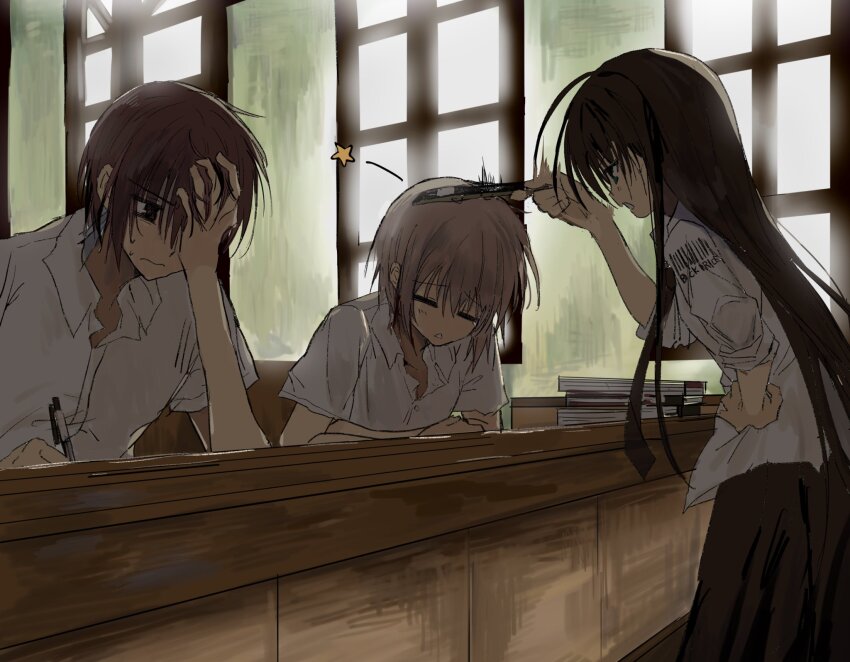 1girl 2boys barcode black_hair black_skirt book brown_eyes brown_hair classroom closed_eyes collared_shirt covering_one_eye cowboy_shot dark desk elbow_rest green_eyes hair_between_eyes hand_on_own_face hand_on_own_hip highres holding holding_pen indoors jitome kasukasugom1 kusanagi_naoya leaning_forward long_hair multiple_boys natsume_ai natsume_kei_(sakura_no_uta) open_mouth parted_lips pen sakura_no_uta school_desk school_uniform scolding shirt short_hair short_sleeves sitting skirt three-quarter_sleeves slice_of_life star_(symbol) straight_hair sweat upper_body white_hair white_shirt window