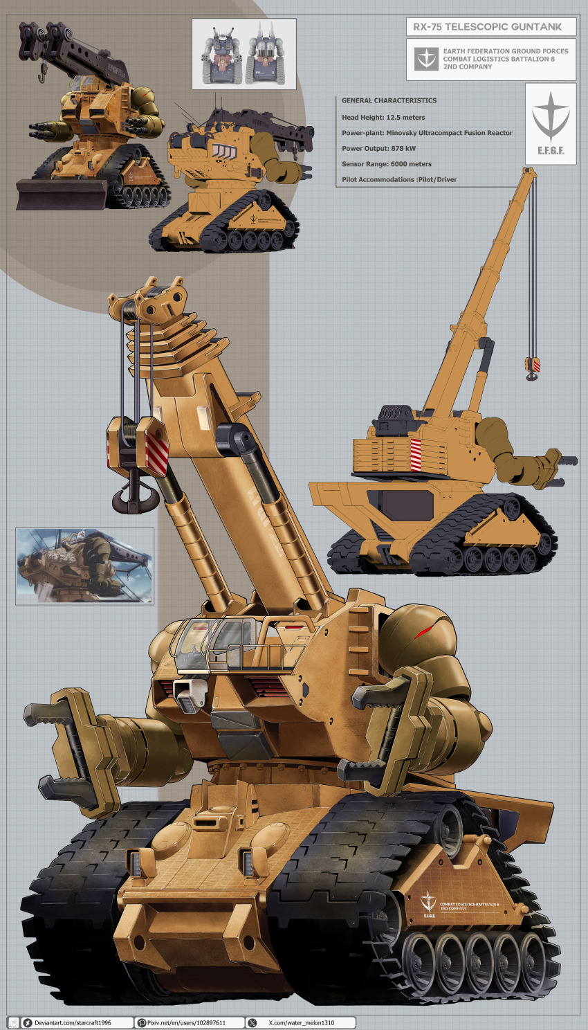 absurdres anime_screenshot berge_guntank caterpillar_tracks commentary concept_art crane_(machine) deviantart_logo deviantart_username earth_federation english_commentary english_text gundam gundam_08th_ms_team guntank highres machinery mecha mecha_focus multiple_views no_humans pincers pixiv_id pixiv_logo reference_inset robot roundel science_fiction twitter_username twitter_x_logo watermark watermelonsfw web_address