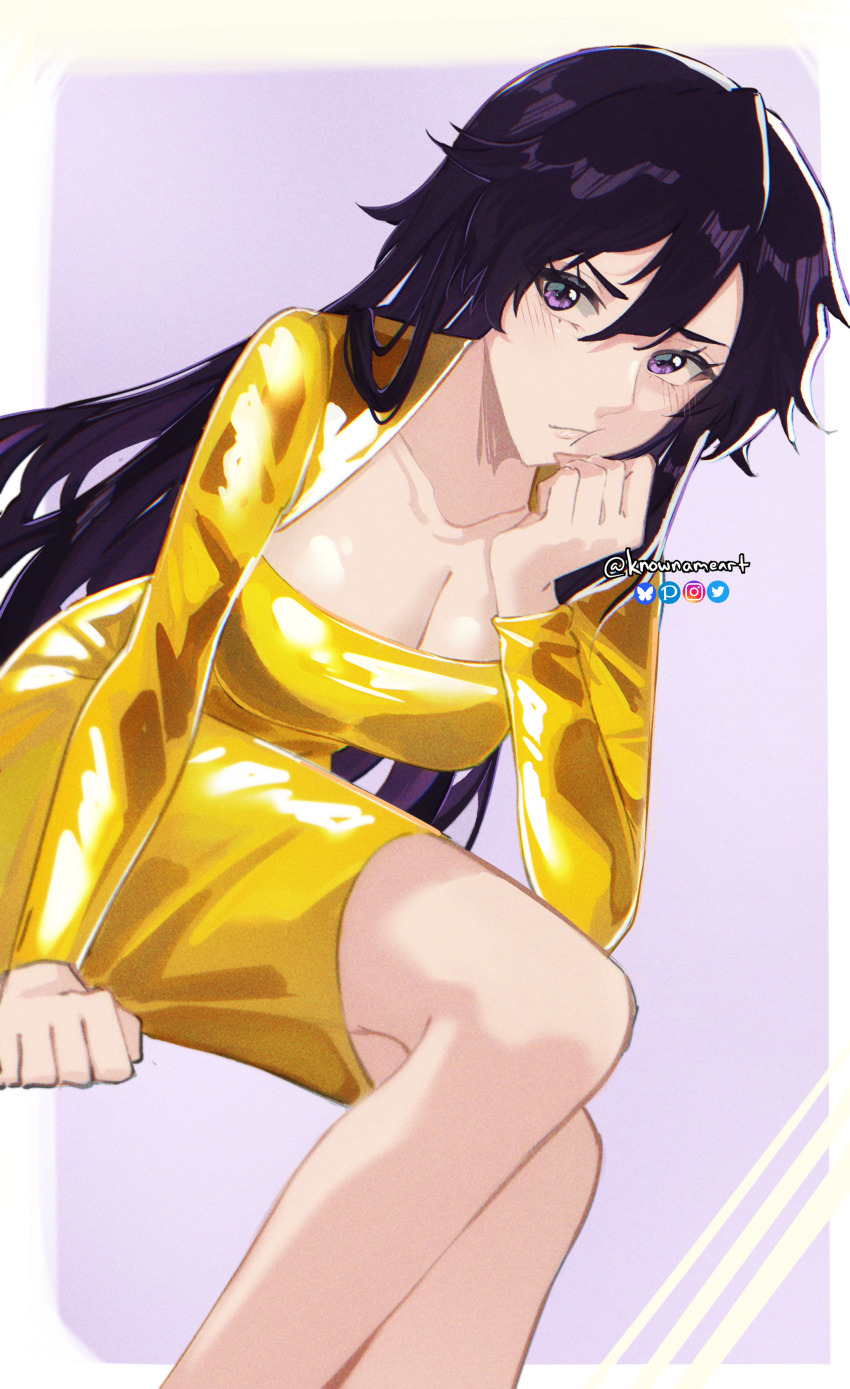 absurdres bambietta_basterbine black_hair bleach bleach:_sennen_kessen-hen border breasts crossed_legs dress gold_dress highres knowname long_hair medium_breasts pixiv_username quincy_(bleach) simple_background sitting sternritter twitter_username white_border