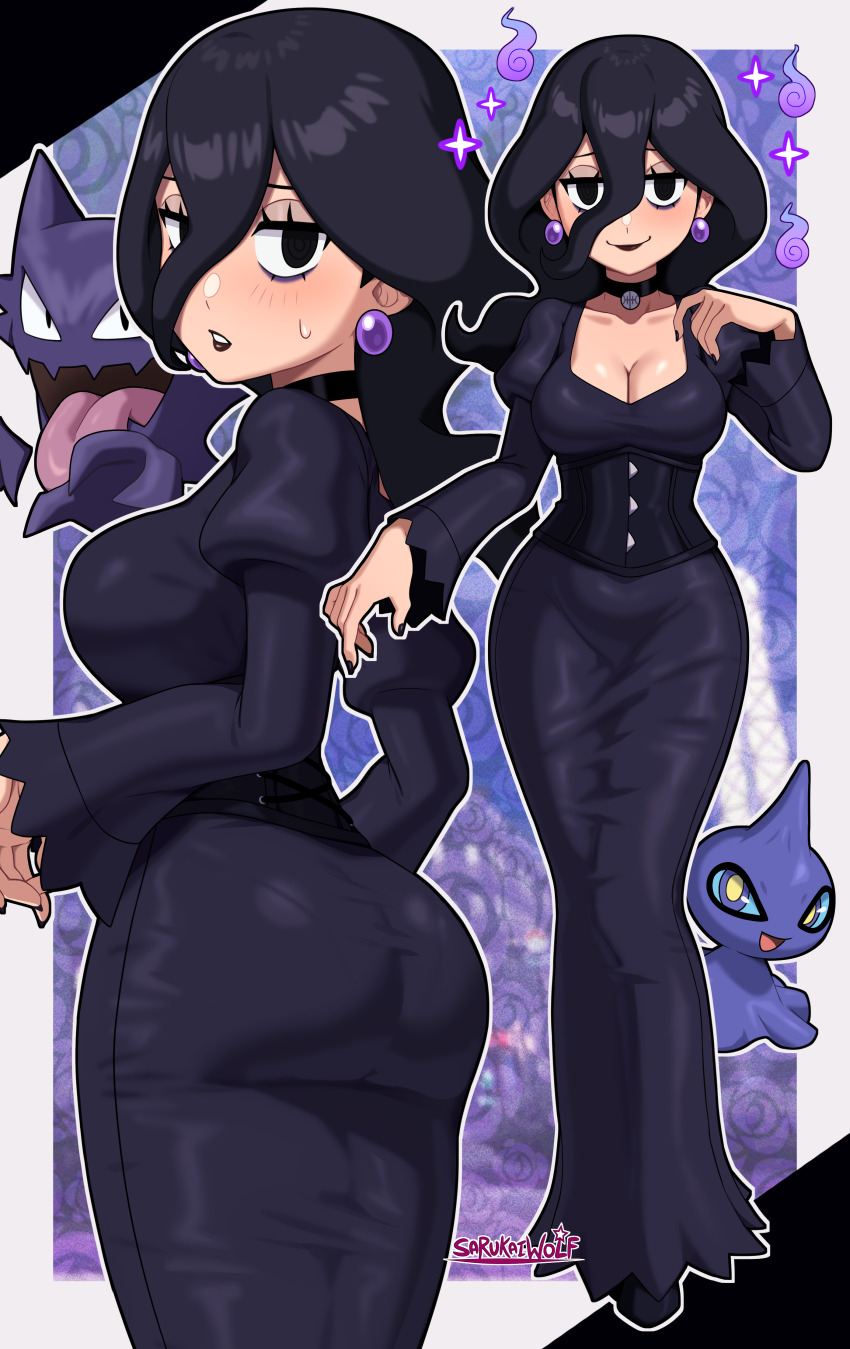 1girl absurdres adapted_costume ass black_dress black_eyes black_hair black_lips border breasts choker cleavage closed_mouth corset cowboy_shot dress earrings from_behind full_body gen_1_pokemon gen_3_pokemon grey_border hair_between_eyes haunter hex_maniac_(pokemon) hex_maniac_(pokemon_legends:_z-a) hex_maniac_(pokemon_xy) highres jewelry long_hair long_sleeves looking_at_viewer looking_back medium_breasts multiple_views nintendo outline pokemon pokemon_(creature) pokemon_legends:_z-a purple_dress sarukaiwolf shuppet smile standing white_outline