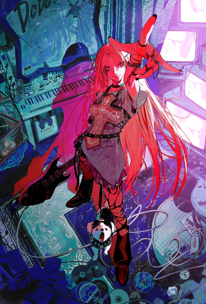 1girl absurdres analogous_colors asymmetrical_eyeliner asymmetrical_legwear asymmetrical_shirt asymmetrical_skirt belt black_nails body_writing boots bracelet broken_screen cd choker crop_top cross dog electric_plug electrical_outlet eyeliner fishnets from_above guitar haera_(raon_lee) highres holding holding_guitar holding_instrument indoors instrument jewelry keyboard_(instrument) knee_boots lips long_hair looking_at_viewer makeup messy_room mismatched_legwear mole mole_under_eye multicolored_hair official_art outstretched_arm paper parted_bangs phonograph pointing punk raon_lee red_eyes ring rug runny_makeup short_sleeves skirt smirk streaked_hair television utaite very_long_hair vinyl_record wz_(woyzeck)