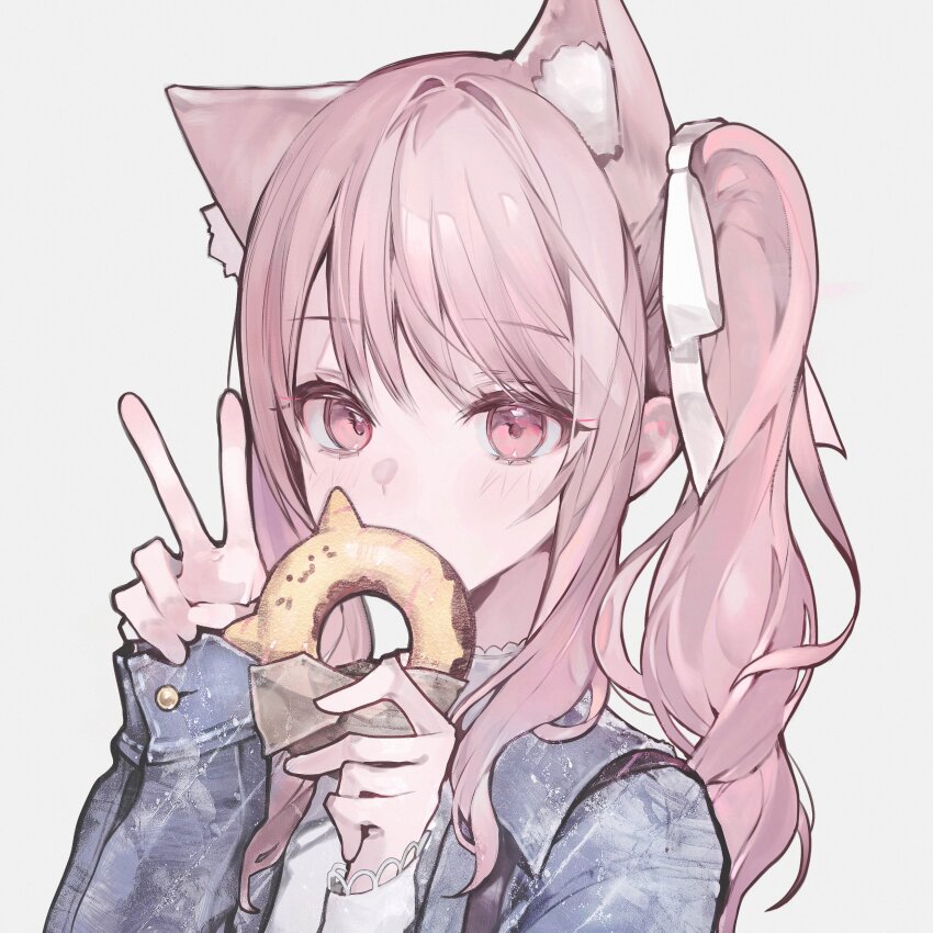 1other absurdres ajirui akiyama_mizuki animal_ear_fluff animal_ears blue_jacket cat_ears denim denim_jacket donut food hair_ribbon highres holding holding_food jacket kemonomimi_mode long_hair one_side_up pink_eyes pink_hair project_sekai ribbon shirt simple_background solo upper_body v white_background white_ribbon white_shirt