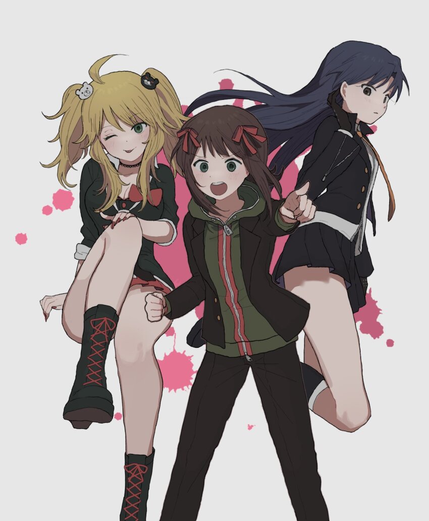 3girls 8_8ghost ;p ahoge amami_haruka bear_hair_ornament black_boots black_gloves black_jacket black_pants black_skirt blonde_hair blood blue_hair blush boots breasts brown_eyes brown_hair cleavage closed_mouth commentary_request cosplay danganronpa:_trigger_happy_havoc danganronpa_(series) enoshima_junko enoshima_junko_(cosplay) fingernails gloves green_eyes green_hoodie grey_background hair_ornament hair_ribbon highres hood hoodie hoshii_miki idolmaster idolmaster_(classic) jacket jacket_over_hoodie kirigiri_kyoko kirigiri_kyoko_(cosplay) kisaragi_chihaya knee_up korean_commentary lace-up_boots long_fingernails long_hair long_sleeves miniskirt multiple_girls naegi_makoto naegi_makoto_(cosplay) nail_polish necktie one_eye_closed open_mouth outstretched_arm pants parted_lips pink_blood pleated_skirt pointing red_nails red_ribbon red_skirt ribbon short_hair sitting skirt standing teeth tongue tongue_out twintails upper_teeth_only