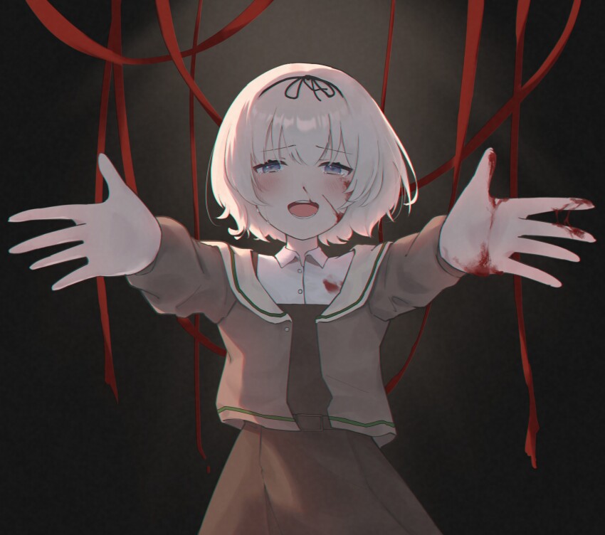 1girl absurdres black_bow black_dress black_hairband blood blood_on_face blood_on_hands bob_cut bow cardigan ciza_gomi collared_shirt dress grey_cardigan grey_hair hair_bun hairband hanamura_hinako highres kitanai_kimi_ga_ichiban_kawaii long_sleeves open_cardigan open_clothes open_mouth reaching reaching_towards_viewer shirt short_hair smile solo variant_set white_shirt