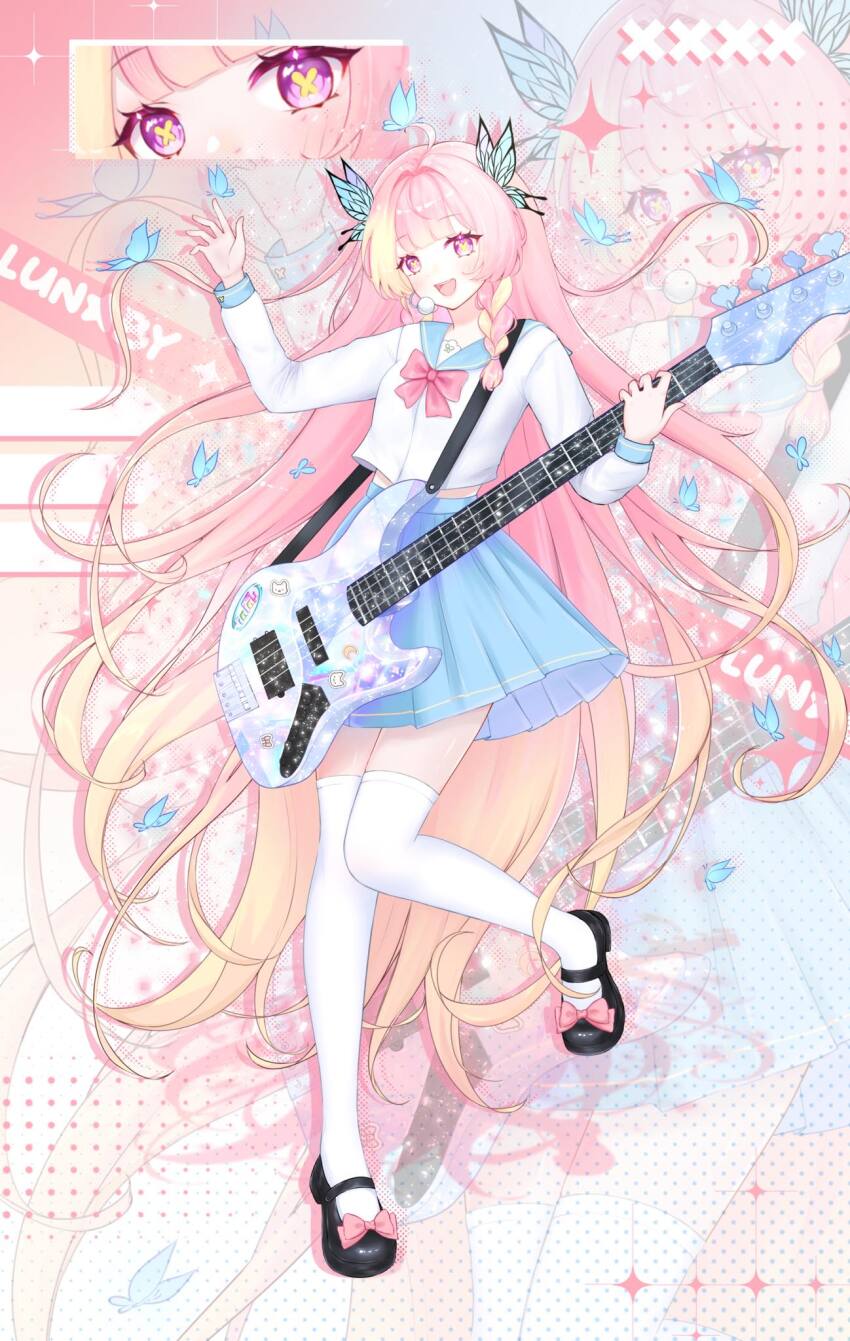 artist_request blue_butterfly blue_sailor_collar blue_skirt bow bowtie braid bug butterfly butterfly_hair_ornament butterfly_in_eye check_artist electric_guitar guitar hair_ornament highres hojo_studio idol insect instrument light_blush long_hair lunaby open_mouth pink_bow pink_bowtie pink_hair purple_eyes sailor_collar school_uniform shoes skirt smile thighhighs twin_braids vietnamese_commentary virtual_youtuber white_thighhighs