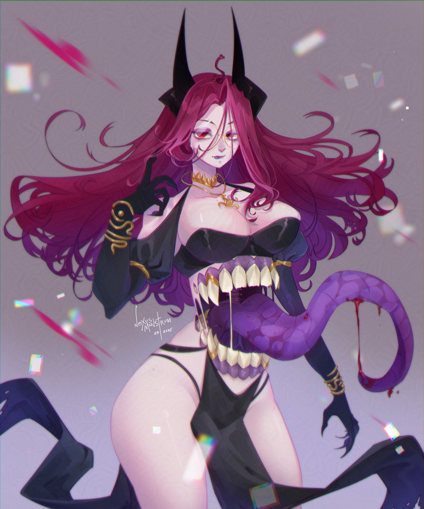 1girl absurdres black_gloves black_loincloth bracelet breasts claws cleavage commentary cowboy_shot elbow_gloves english_commentary giwi_(vtuber) gloves gold_bracelet gold_necklace highres horns jewelry large_breasts long_hair long_tongue looking_at_viewer monster_girl necklace nexusmonstrum purple_hair red_eyes solo standing stomach_mouth tongue very_long_hair virtual_youtuber wide_hips wild/card