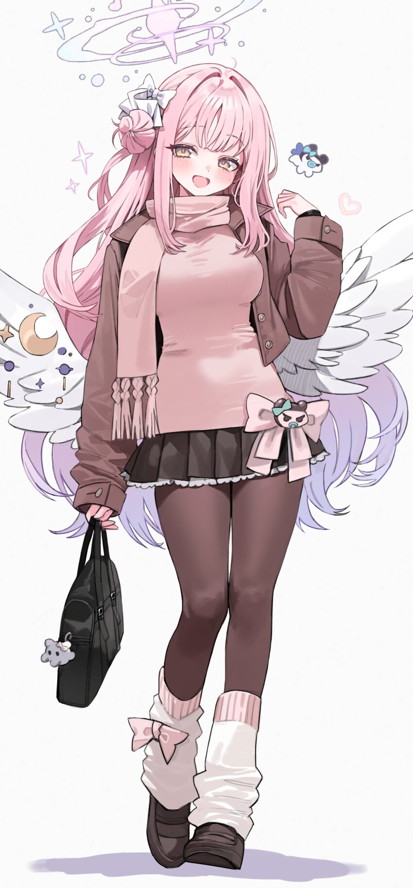 1girl absurdres alternate_costume bag loose_socks black_bag black_skirt blue_archive blush brown_jacket brown_pantyhose cropped_jacket feathered_wings freng full_body grey_scarf grey_sweater hair_bun hair_intakes halo hand_up highres holding holding_bag jacket long_hair long_sleeves looking_at_viewer low_wings mika_(blue_archive) miniskirt open_clothes open_jacket open_mouth pantyhose pink_hair pink_halo pleated_skirt scarf side_up_bun simple_background single_hair_bun single_side_bun skirt smile socks socks_over_pantyhose solo standing sweater white_background white_socks white_wings wing_ornament wings yellow_eyes