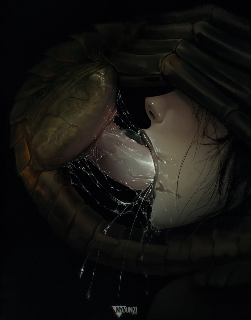 1girl alien_(series) black_hair black_lips close-up commentary covered_eyes deepthroat english_commentary facehugger fellatio highres interspecies irrumatio lipstick makeup nyuunzi oral penis smeared_lipstick uncensored