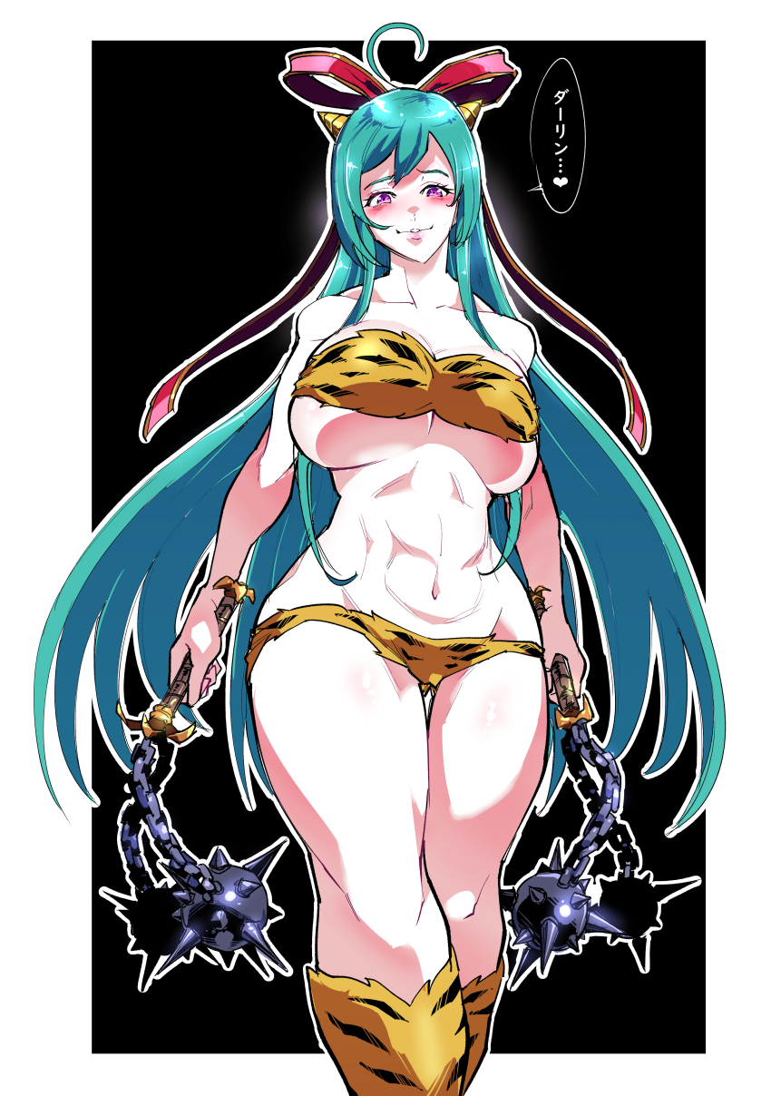 1girl abs absurdres animal_print aqua_hair bikini bow breasts cone_horns cosplay crossover fur_bikini furcas_(megido72) grin highres holding holding_mace holding_weapon horns large_breasts long_hair looking_at_viewer lum lum_(cosplay) mace medium_breasts megido72 muscular muscular_female navel open_mouth pink_bow pink_eyes print_bikini print_boots shinkuukan_(tetsuo3) smile solo speech_bubble strapless strapless_bikini swimsuit teeth tiger_print urusei_yatsura weapon yellow_bikini