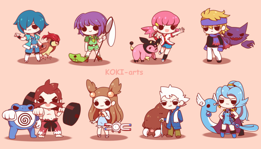 3girls 5boys :d arm_behind_back artist_name barbell barefoot bird black_footwear black_shirt black_socks blonde_hair blue_dress blue_hair blue_jacket blue_shirt blue_shorts bow brown_footwear brown_hair bugsy_(pokemon) butterfly_net cane chibi chuck_(pokemon) clair_(pokemon) clenched_hands closed_mouth commentary creatures_(company) dragonair dress english_commentary facial_hair falkner_(pokemon) full_body game_freak gen_1_pokemon gen_2_pokemon green_neckerchief green_shirt green_shorts hair_ornament hair_over_one_eye half-closed_eyes hand_net hands_on_own_hips haunter headband holding holding_butterfly_net holding_cane holding_poke_ball jacket jasmine_(pokemon) koki_arts long_hair magnemite metapod miltank morty_(pokemon) multiple_boys multiple_girls mustache neckerchief nintendo old old_man open_clothes open_jacket open_mouth pants pidgeotto piloswine pink_background poke_ball poke_ball_(basic) pokemon pokemon_(creature) pokemon_hgss poliwrath ponytail pryce_(pokemon) purple_hair purple_headband purple_scarf red_pants scarf shirt short_hair short_shorts shorts simple_background smile socks standing standing_on_one_leg topless_male twintails v-shaped_eyebrows white_hair white_jacket white_pants white_scarf whitney_(pokemon)