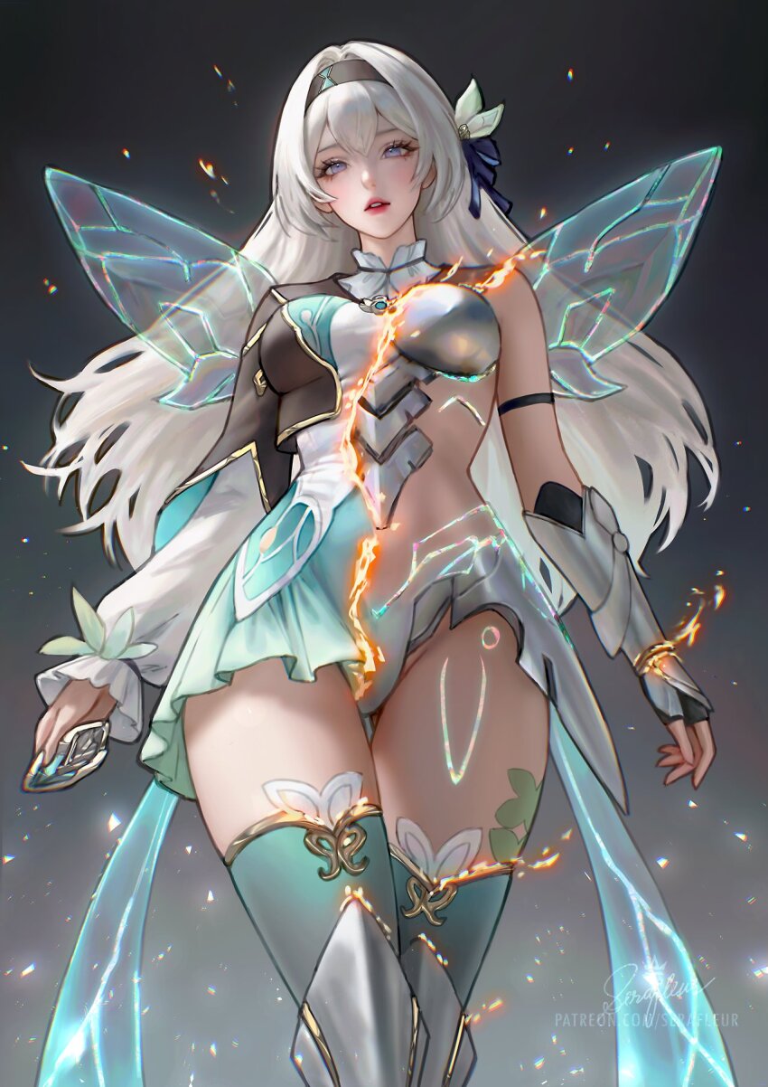 1girl blue_eyes burnt_clothes butterfly_hair_ornament dark_background fingerless_gloves fire firefly_(honkai:_star_rail) gloves hair_ornament henshin highres honkai:_star_rail honkai_(series) long_hair looking_at_viewer serafleur solo standing stomach torn_clothes transforming_clothes white_hair