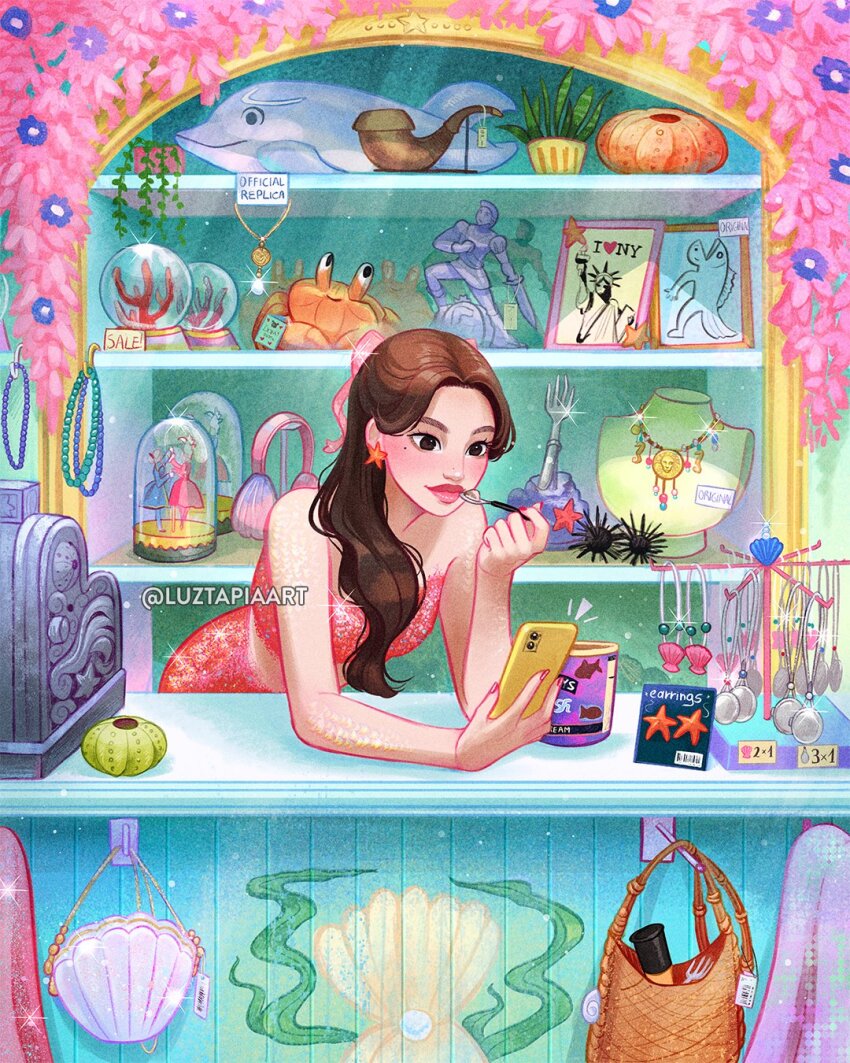 1girl artist_name bag brown_eyes brown_hair cash_register cellphone highres holding holding_phone indoors long_hair luztapiaart original phone plant potted_plant shelf shop smartphone smoking_pipe snow_globe solo spooning watermark