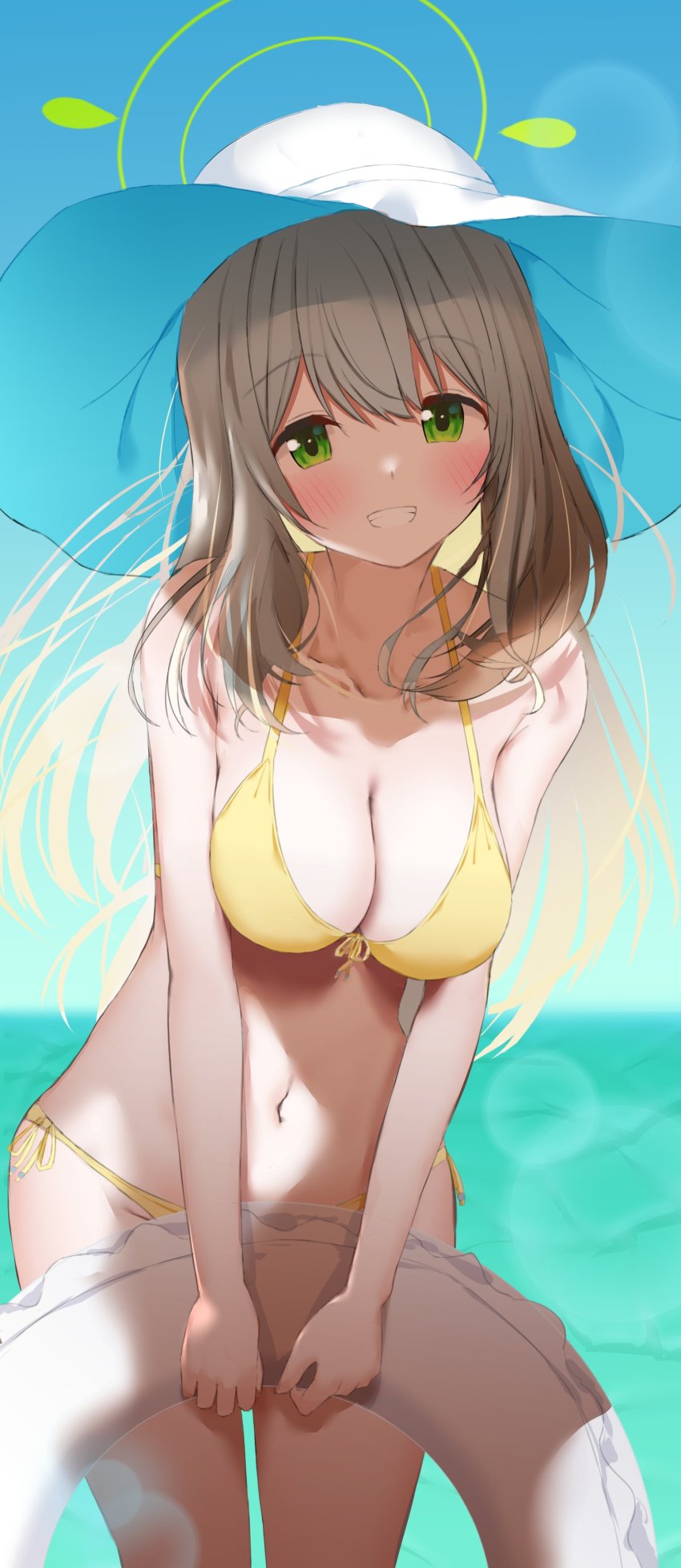 1girl absurdres ashinagi_(bijutu1) bikini blue_archive blurry blurry_background blush breasts cleavage collarbone front-tie_bikini_top front-tie_top grin halo hat highres horizon innertube large_breasts lens_flare long_hair looking_at_viewer navel nonomi_(blue_archive) nonomi_(swimsuit)_(blue_archive) outdoors side-tie_bikini_bottom smile solo straight_hair sun_hat swim_ring swimsuit very_long_hair yellow_bikini