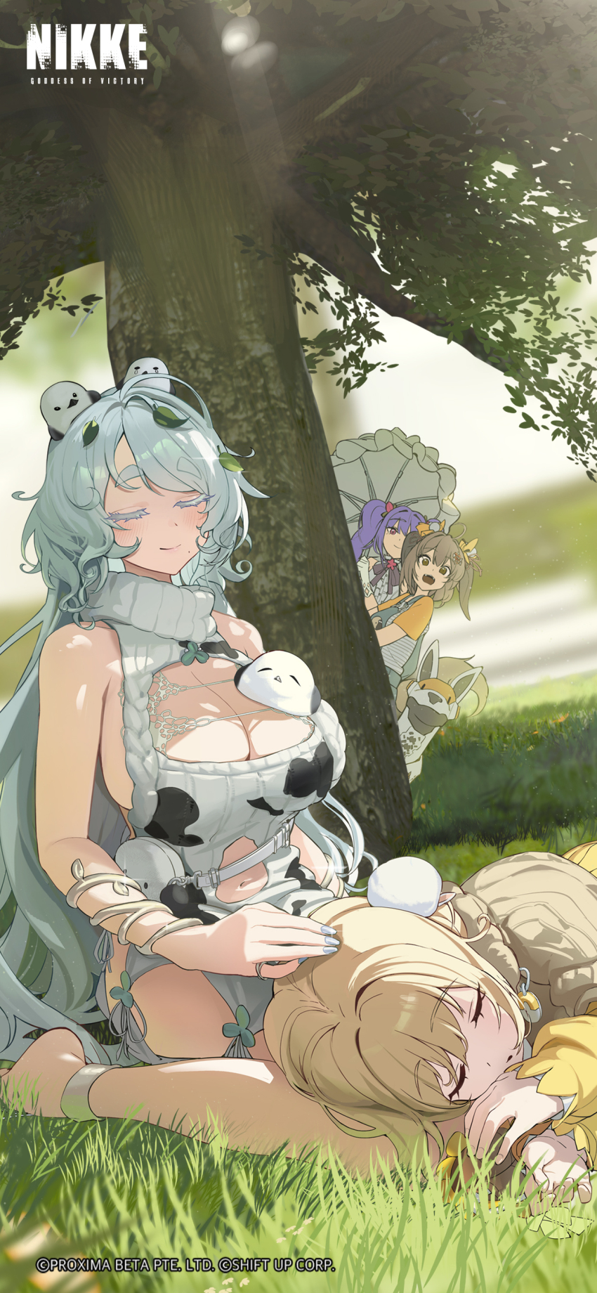 4girls absurdres animal animal_on_head bag barefoot bird bird_on_head biscuit_(spring_puppy)_(nikke) blue_hair blue_overalls breasts brown_eyes brown_hair cleavage cleavage_cutout closed_eyes closed_mouth clothing_cutout commentary day dress english_commentary flora_(nikke) goddess_of_victory:_nikke grass handbag highres holding holding_umbrella lap_pillow large_breasts liter_(cute_sunflower)_(nikke) liter_(nikke) long_hair long_sleeves looking_at_another multiple_girls navel navel_cutout on_ground on_head outdoors overalls purple_eyes purple_hair shirt short_sleeves sleeping sleeveless sleeveless_sweater smile sweater thick_eyebrows tit_(bird) tree trina_(nikke) turtleneck turtleneck_sweater twintails umbrella white_bag white_dress yellow_shirt yellow_sweater